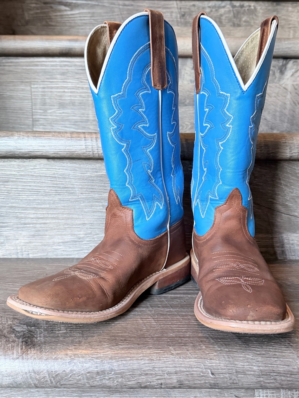 HP Kids Western Cowboy Boots Blue Brown Square Toe Size 4
